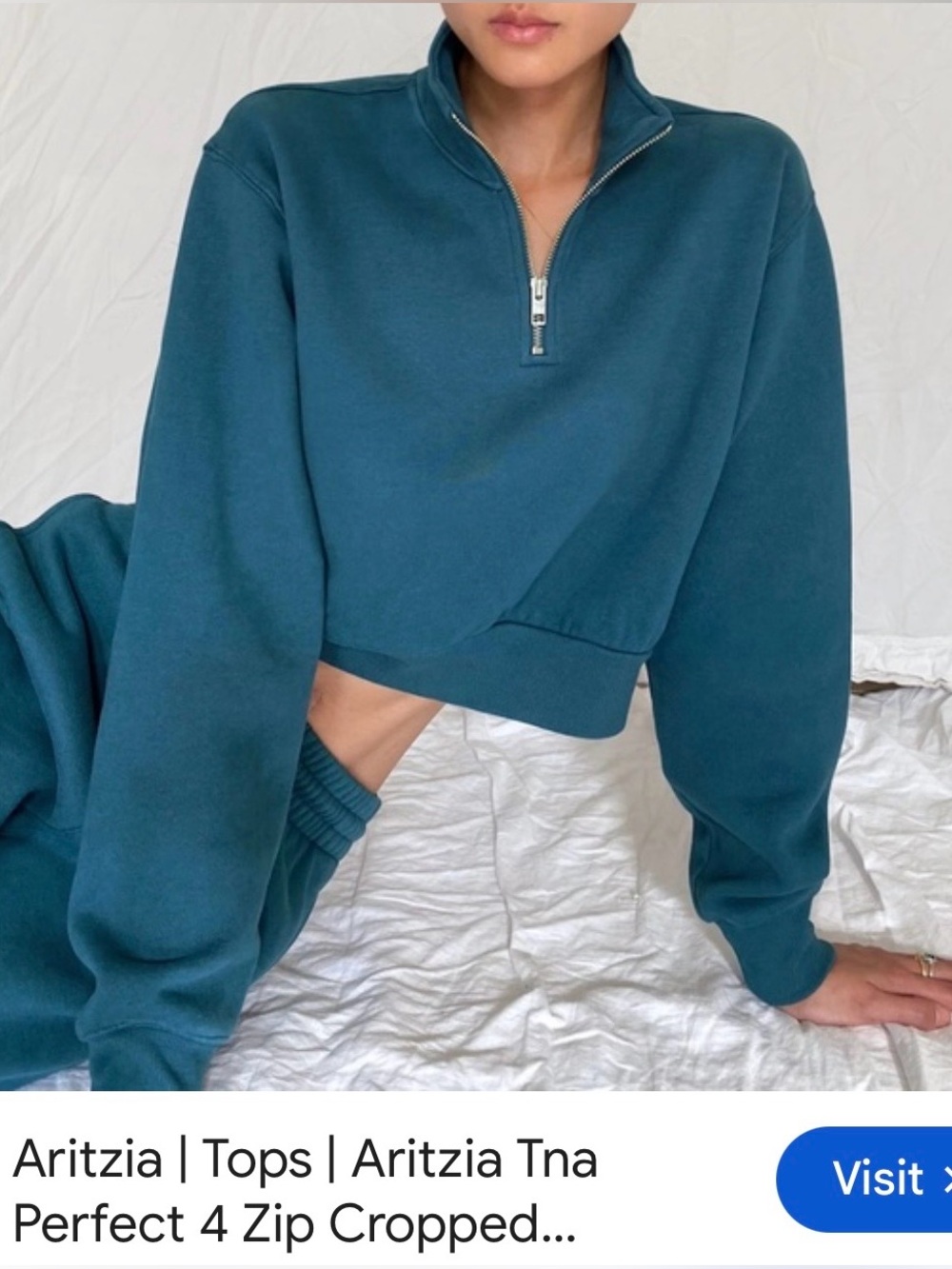 Cropped Quarter-Zip Sweatshirt in Teal - Aritzia